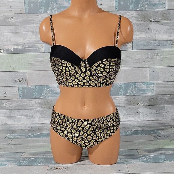Shein Black & Gold Animal Print 2 Piece Bikini sz Large - Picture 1 of 4